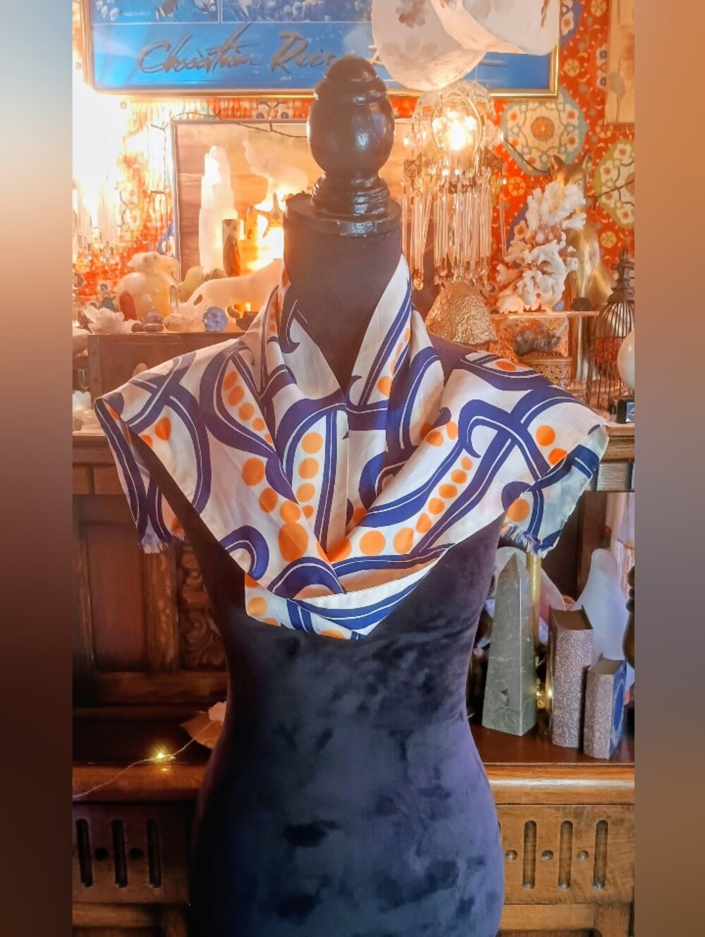Vintage Bohemian Op Art Silk Scarf with Blue Swirl & Orange Dot Pattern